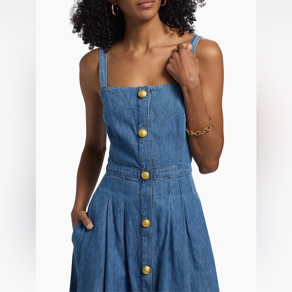 New L’Agence Denim Pleated Esmeralda Dress Button Front Blue Jean Stokes Sz 6 - Picture 16 of 16